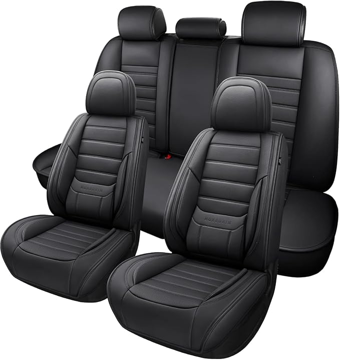 MINGBRON Black Car Seat Cover with Lumbar Support, Car Seat Protector Waterproof, Nappa Leather Car Seat Cushion, Car Seat Covers Front Seats and Back Fit for Most Cars by MINGBRONCARSEATCOVER