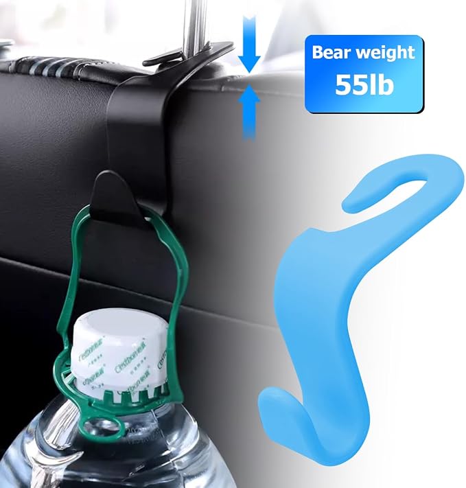 4 Pack Curved Headrest Hooks for Vehicle Seats, Light Blue | rear-row hanging storage, supports bags coats and groceries, fits matching headrest posts, interior accessory - Image 4