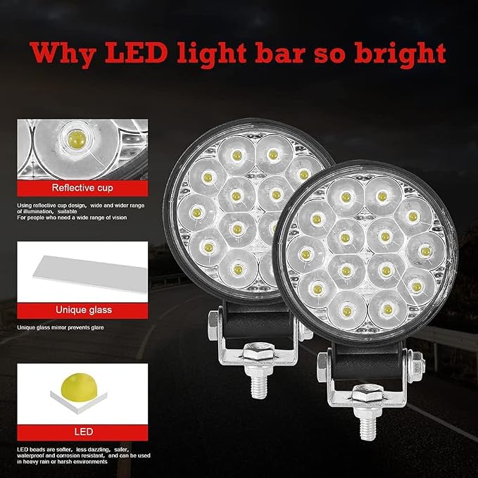EJ's SUPER CAR Led Round Light Bar 4PCS 3.3" 42w 10000LM Flood Light Pod Off Road Fog Driving Roof Bar Bumper for Jeep,SUV Truck, Hunters - Image 4