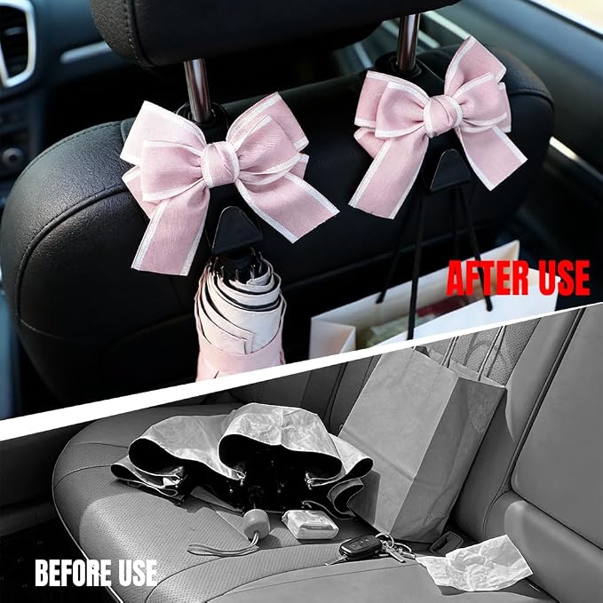 2PCS Car Seat Headrest Hooks, Car Purse Hook, Cute Bow Knot Vehicle Seatback Hanging Storage Organizer, Auto Seatback Decor Organizer Hanger for SUV Truck (Pink) - Image 4