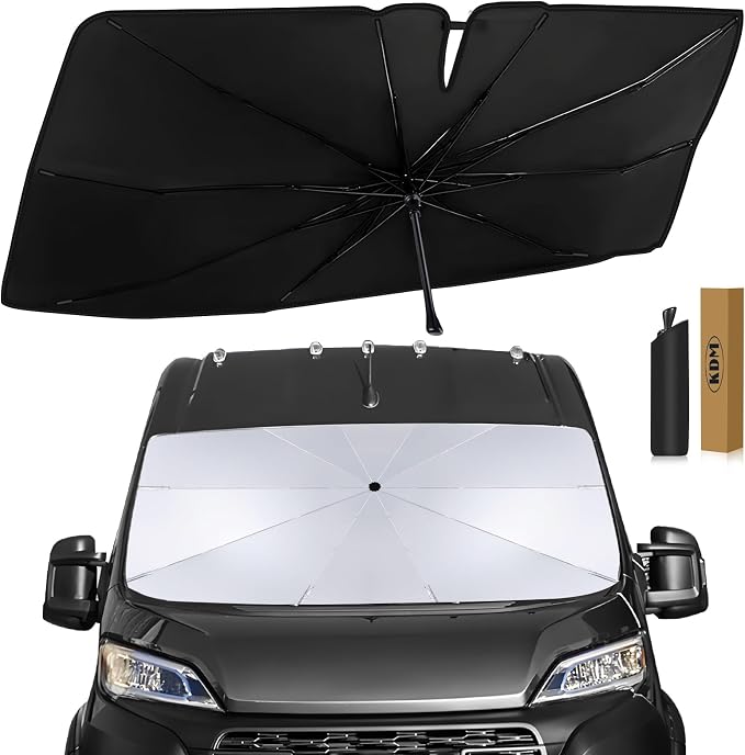 KDM Umbrella Style Windshield Sun Shade for 2014-2024 Dodge Ram ProMaster | Full Size Cargo Van Chassis Cab Cutaway Window Van,Foldable Front Windows Sunshade Visor Protector Blocks UV Rays by KDM