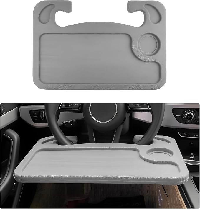 2 in 1 Car Steering Wheel Desk, Multipurpose Auto Table with Cup Holder and Pen Slot, Portable Double Sided Design Steering Wheel Tray for Eating & Work, Car Accessories (Gray) by Unknown