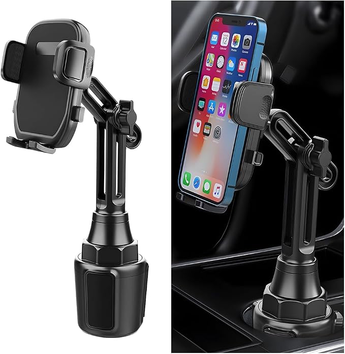 Car Cup Phone Holder, 360° Rotation with Long & Adjustable Neck | Secure side grips, stylish carbon fiber texture, auto interior smartphone expander mount accessories, universal fit by Unknown