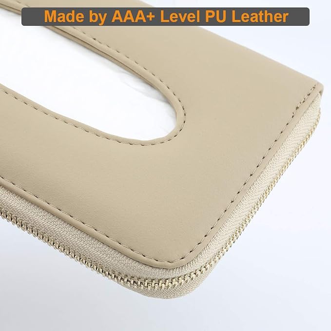 Car Tissue Holder, Sun Visor Tissue Holder, Car Visor Napkin Holder, PU Leather Backseat Tissue Case Holder for Auto Vehicle with Zipper (Beige) - Image 3