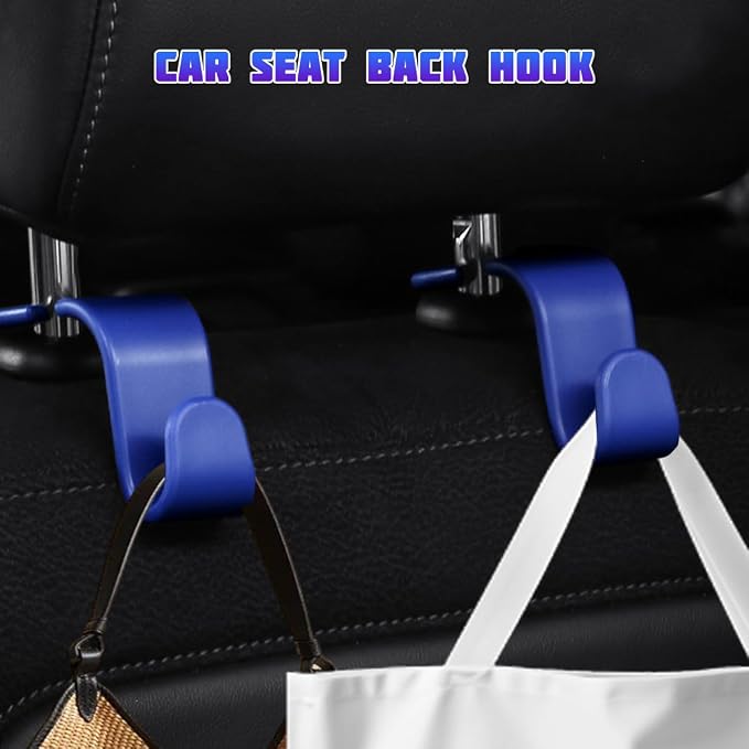 4 Pack 4.13 Inch Car Seat Headrest Hooks, Blue | plastic body, supports up to 55 lb, tool-free post fit, rotates beneath headrest when idle, interior storage accessory - Image 3