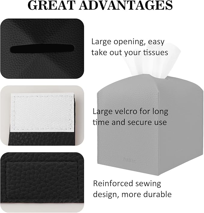 Tissue Box Cover Holder Square Tissue Cube Cover PU Leather Tissue Organizer with Bottom Belt for Bathroom, Tabletop, Car, Night Stands, Office, Home, Kitchen (1, Black) - Image 4