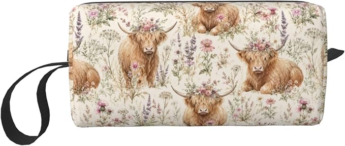 Highland Cow Wild Flowers Makeup Bag for Women | Small Travel Cosmetic Pouch with Zipper, Compact Makeup Organizer Bag for Purse, Toiletries, Skincare & Daily Essentials by OLUSENMO
