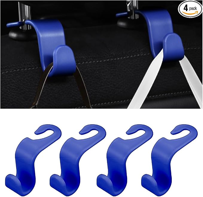 4 Pack 4.13 Inch Car Seat Headrest Hooks, Blue | plastic body, supports up to 55 lb, tool-free post fit, rotates beneath headrest when idle, interior storage accessory by Ywdiml