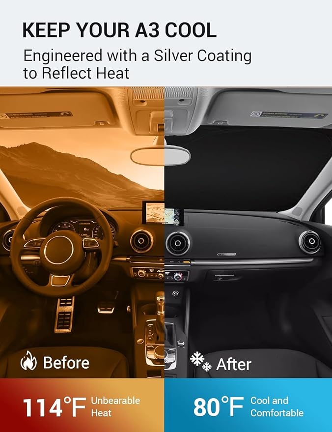 Proadsy Custom Fit 2014-2020 Audi A3 Windshield Sun Shade, Blocks Heat | 240T Heat Shield, Drops Temp 54°F, Blocks 99% UV, Prevents Dashboard Cracking, Summer Parking & Beach Trips, Easy Twist-Fold - Image 3