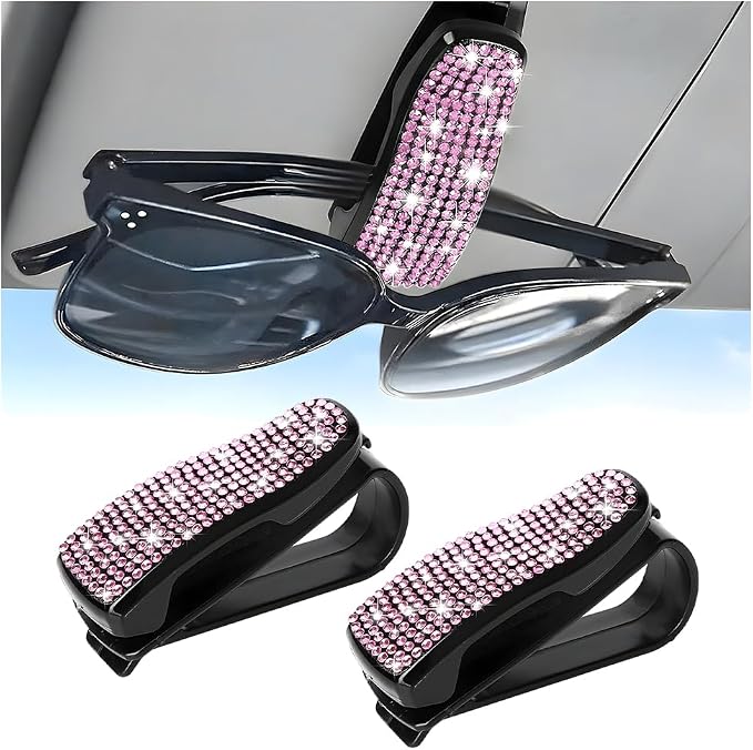 HZEL 2PCS Bling Sunglasses Holder for Car Visor, Crystal Rhinestone Sun Visor Eyeglasses and Ticket Card Mount Clip, Shiny Diamond Auto Glasses Hanger Holder, Universal for Vehicles (Pink) by Unknown