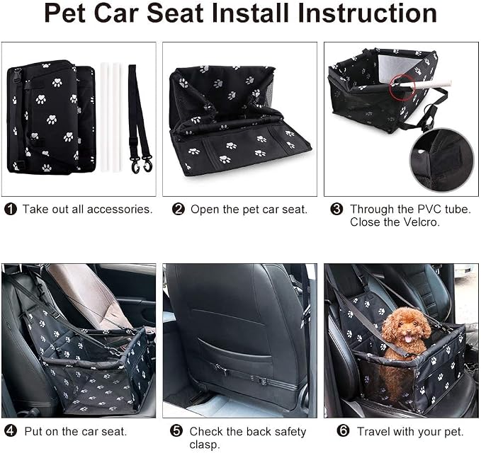 Petbobi Dog Car Seat for Small Dogs and Cats up to 15 lbs, Portable Booster | Black Paw Print, Water-resistant Oxford fabric, PVC Tubes, Folds Flat, Clip-on Leash Keeps Pups Secure and Drivers Focused - Image 5