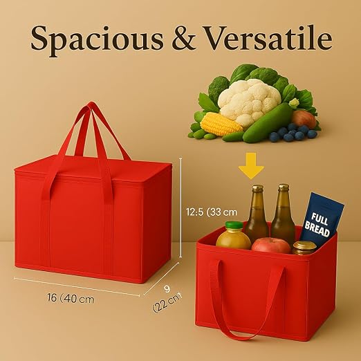 musbus 2Pk Insulated Reusable Grocery Bags, Collapsible Cooler Bag for Groceries, Heavy Duty Large Insulated Bag (Large, Bright Red) - Image 5