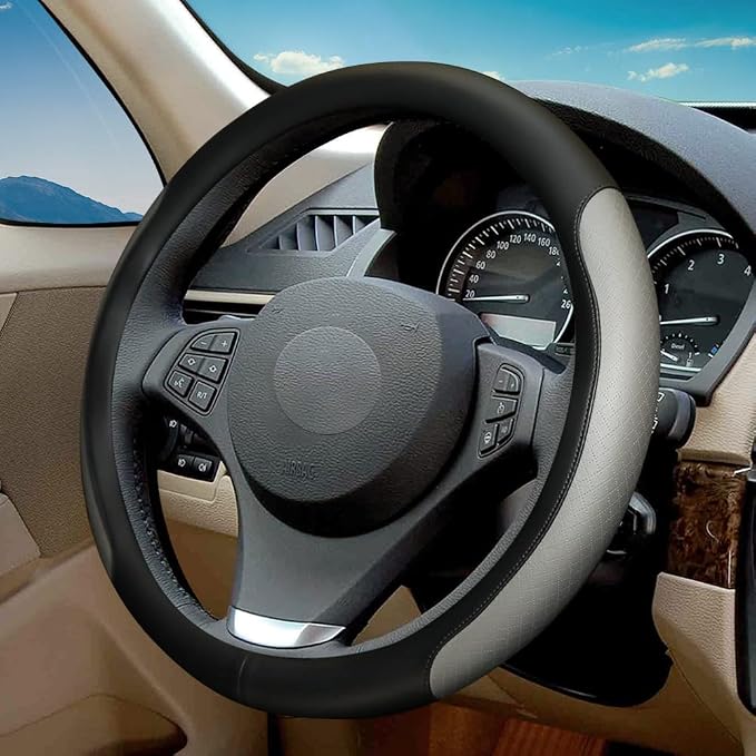 Steering Wheel Cover, Microfiber Leather Splicing with Classic Embossing,Contrasting Colors Anti-Slip Breathable Auto Car Steering Wheel Cover Fit 15 Inch Car Wheel Protector (Black&Gray) by VARGTR