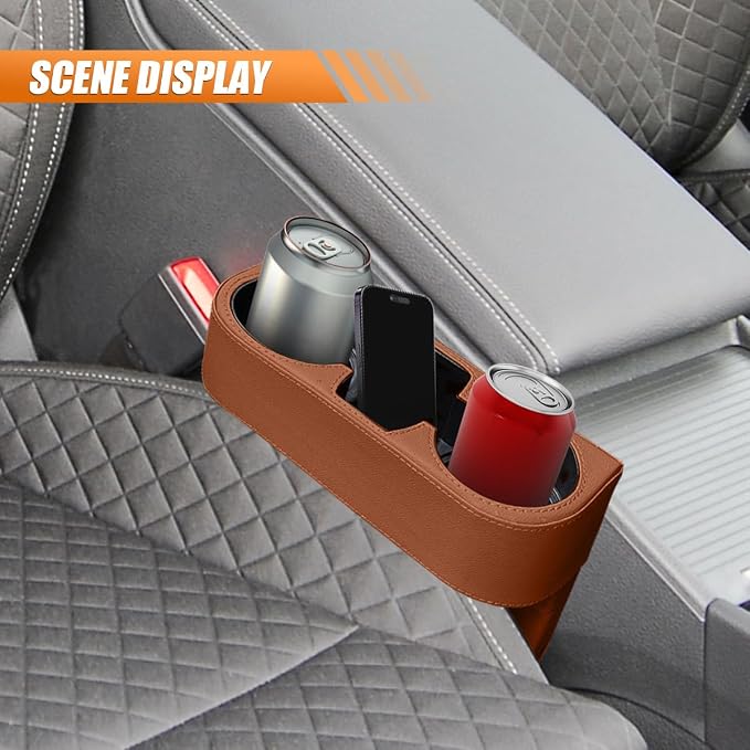 Car Cup Holder, PU Leather Auto Seat Gap Filler Organizer (Brown) | Multifunctional Vehicle Cup Drink Holder, Front Console Storage Box for Coin Cellphone Sunglasses, Universal Car Accessories - Image 6