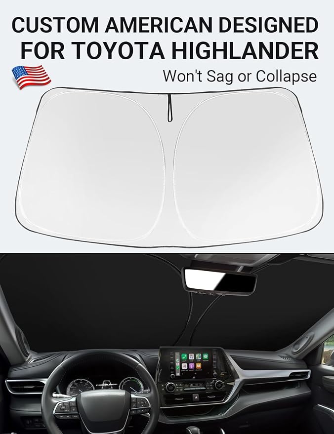 Proadsy Custom Fit Car Windshield Sun Shade for 2020-2026 Toyota Highlander | 240T Heat Shield, Drops Temp 54°F, Blocks 99% UV, Prevents Dashboard Cracking, Summer Parking & Beach Trips, Easy Twist-Fold - Image 2