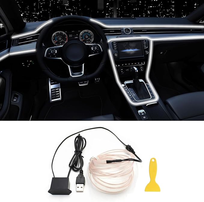 EL Wire Interior Car LED Lights, 16.5FT USB Ambient Lighting Strip, White | USB, Neon Glowing Strobing Electroluminescent Wire, 6mm Sewing Edge, Ambient Lighting Kit For Car Indoor Decoration by QVEVDACAR