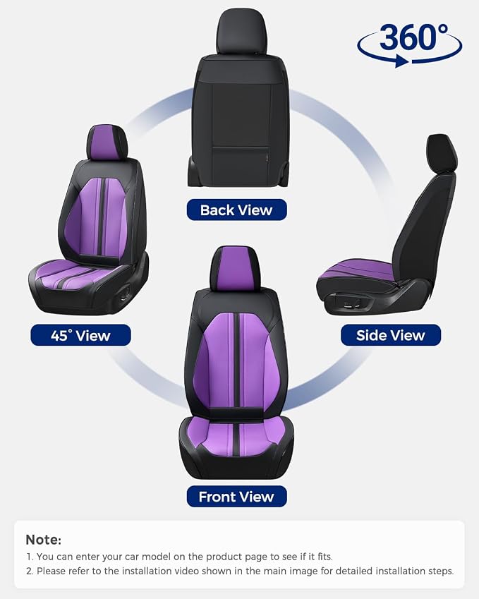 Huidasource Universal Car Seat Cover, Luxury Faux Leather Car Seat Cover Set Velcro Adjustable with Airbags, Thinning Design Perforation Cooling＆Heating Fit for Most Cars Vans Trucks SUVs Black&Purple - Image 8