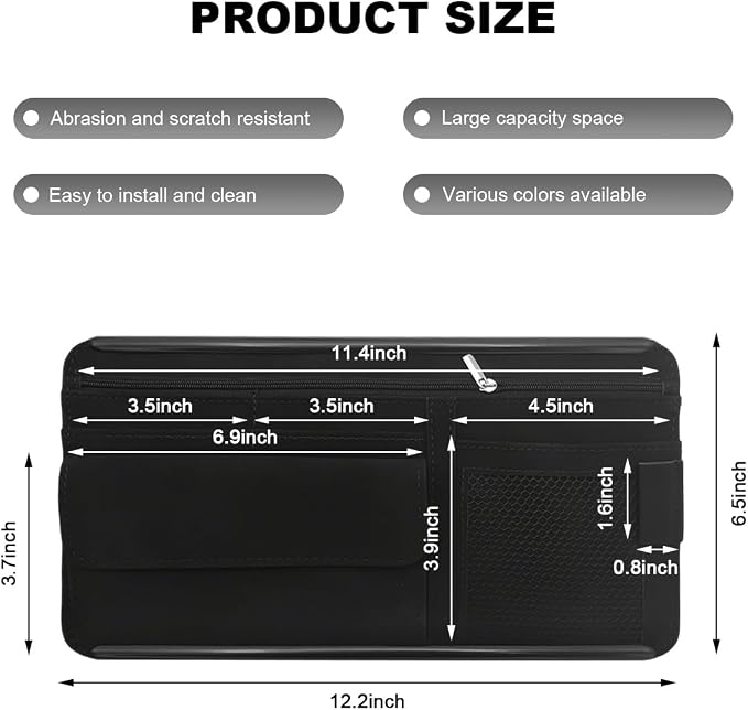 Car Sun Visor Organizer, Leather Sun Visor Pocket Organizer Case with Multi-Pocket Net Zipper, Suede Note Holder Car Visor Storage Pouch for Card Pen Sunglasses Document (Black) - Image 2