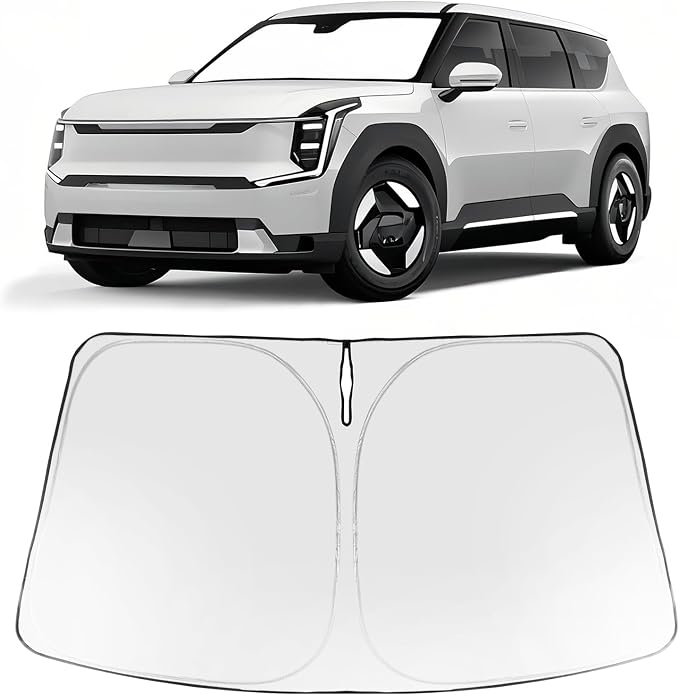 Proadsy Custom Fit Car Windshield Sun Shade for 2024-2026 Kia EV9 GT Line | 240T Heat Shield, Drops Temp 54°F, Blocks 99% UV, Prevents Dashboard Cracking, Summer Parking & Beach Trips, Easy Twist-Fold by Proadsy