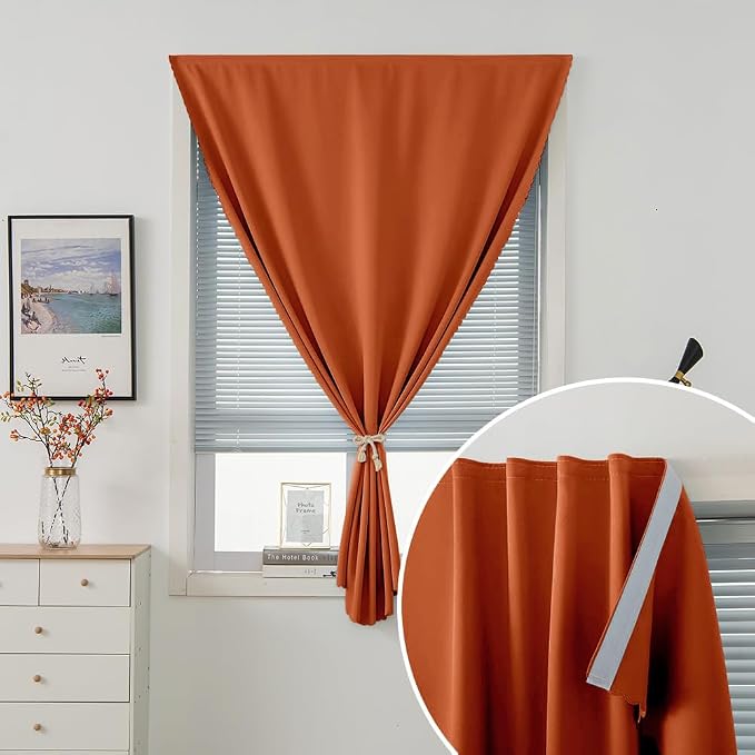 Self Adhesive Curtains Portable Blackout Curtain Simple and Easy to Install Bedroom Window Thermal Lnsulated Kitchen Room Darkening Black Small Drapes, 35" W X 59" L, Orange, 1 Panel - Image 5