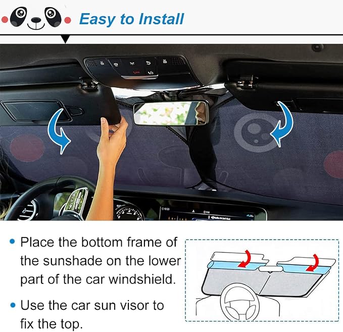 Car Windshield Sunshade, KANCOKIT Cartoon Pattern Auto Sun Shade Foldable for Front Window Sun Visor Protector UV Ray Reflector Keep Vehicle Cool Protect Kids Baby & Pets (59" x 33.5") (Panda) - Image 4