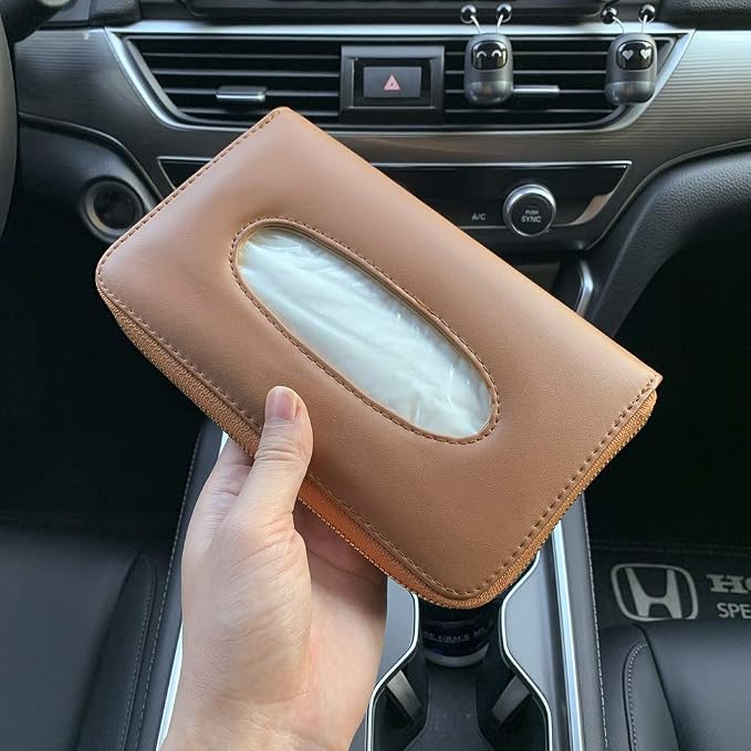 Car Tissue Holder, Sun Visor Tissue Holder, Car Visor Napkin Holder, PU Leather Backseat Tissue Case Holder for Auto Vehicle with Zipper (Brown) - Image 6