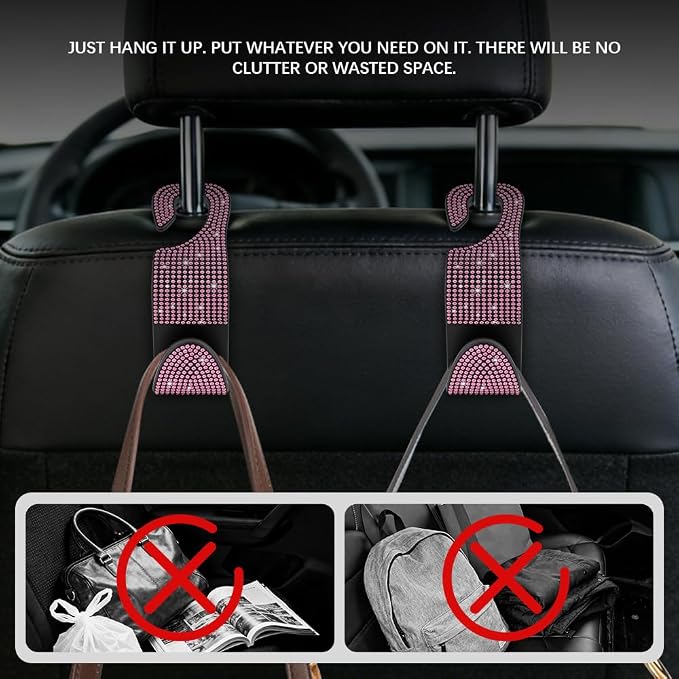 Car Seat Headrest Hook, Automotive Seat Back Organizers, 2PCS | Bling Rhinestone Headrest Hooks with Universal Design, Car Interior Accessories for Holding Handbags Clothes Purses Bottles - Image 5