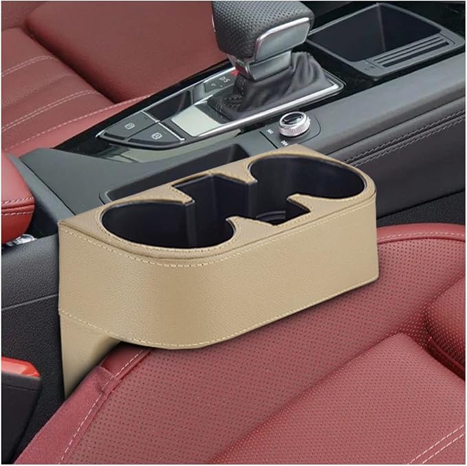 ZIMISI Car Cup Holder, Leather Front Console Gap Filler Organizer (Beige) | Car Seat Gap Filler Storage Box, Multifunctional Car Cup Drink Holder, Coin Bucket, Cell Mobile Phone Holder by Unknown