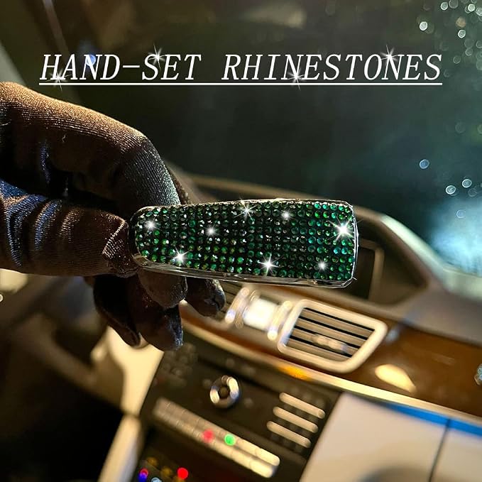 Turcee Set of 2 Bling Rhinestone Car Sun Visor Glasses Holders with Anti-Scratch Sponge,Car Decoration for Women Girls,Ticket Card Clip Visor Organizer (Green) - Image 5