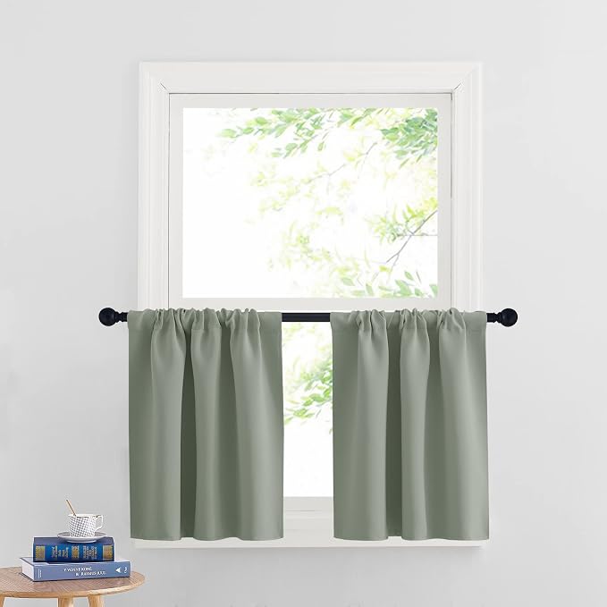 RYB HOME Cafe Blackout Curtains 24 inch Length, RV Camper Window Curtains | Short Small Half Window Tiers,Privacy,Thermal Insulated,Light UV Heat Blocking,Rod Pocket,W29 x L24,Greyish Green,2 Panels by RYBHOME