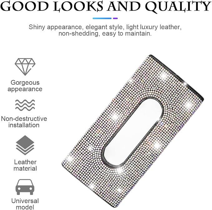 Bling Car Sun Visor Tissue Box Holder, Rhinestone PU Leather Crystal Sparkling Napkin Holder, Backseat Paper Towel Cover Case Car Accessories for Women (Multicolor) - Image 3