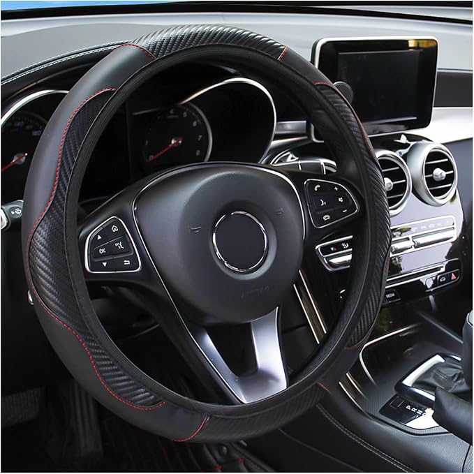 Osilly 15 Inch Carbon Fiber PU Leather Steering Wheel Cover, Black | full-wrap protective surface, flexible ringless design, hand-stretch setup, fits matching rim sizes, automotive accessories by Osilly