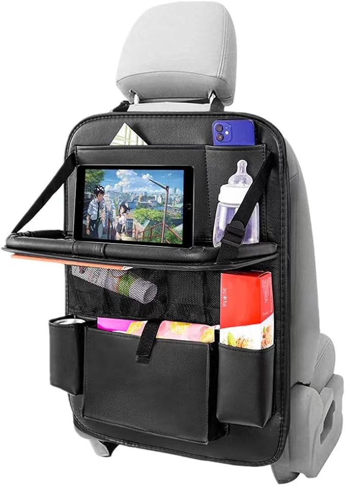 Leather Car Backseat Organizer with Tablet Holder - 9 Large Storage Pockets, Foldable Food Tray & Anti-Scratch Kick Mats - Universal Car Seat Protector for Kids, Pets & Travel Accessories 1 Pack - Image 4
