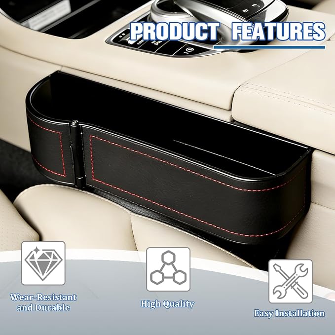 Car Seat Gap Filler Organizer with Cup Holder Expander, Leather Console Seam Filler Storage Box, Auto Front Seat Gap Organizer for Phones Keys Glasses, Universal Fit (Black/Red Driver) - Image 4