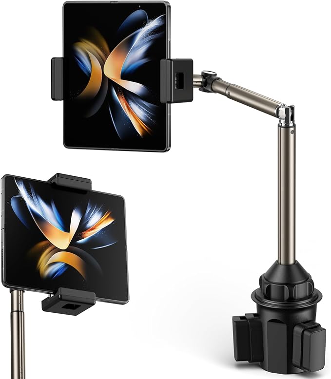 JSAUX Car Cup Holder Phone Mount for Foldable Phones & Mini Tablets | Sturdy Metal Long Arm, Flexible Height and Angle, Adjustable Base, Secure Phone Grip, Fits 2.17-4.33 in Car Cup Holders by JSAUX