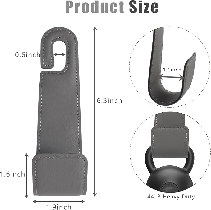 2-Pack Car Headrest Hooks, 1.1-Inch Wide Purse Hangers, Grey | Microfiber leather hooks with built-in metal cores keep purses, groceries and backpacks organized and within reach - Image 6