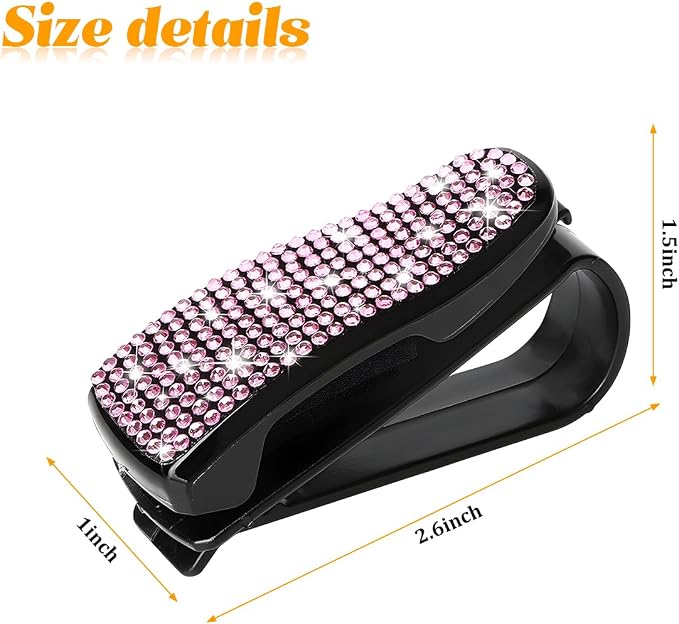 HZEL 2PCS Bling Sunglasses Holder for Car Visor, Crystal Rhinestone Sun Visor Eyeglasses and Ticket Card Mount Clip, Shiny Diamond Auto Glasses Hanger Holder, Universal for Vehicles (Pink) - Image 2
