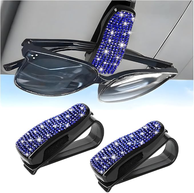 HZEL 2PCS Bling Sunglasses Holder for Car Visor, Crystal Rhinestone Sun Visor Eyeglasses and Ticket Card Mount Clip, Shiny Diamond Auto Glasses Hanger Holder, Universal for Vehicles (Royal Blue) by Unknown
