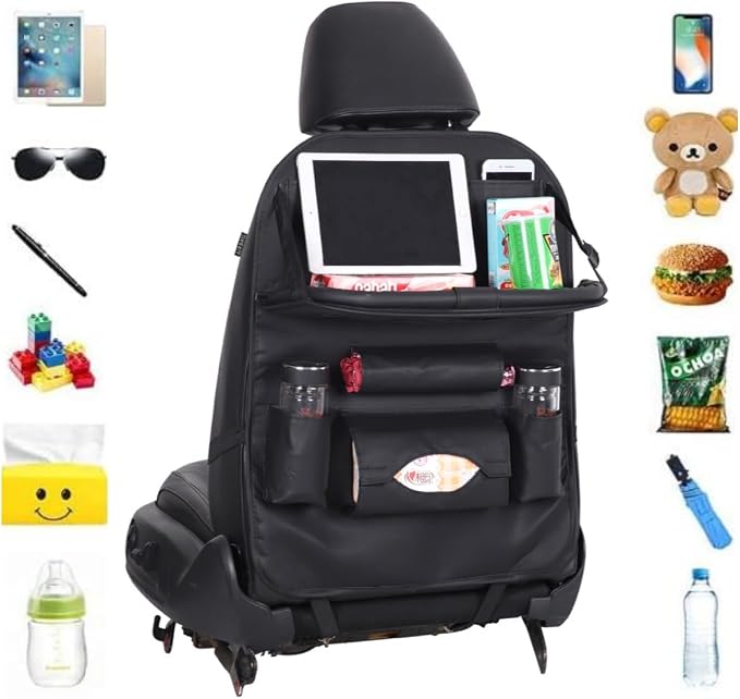 Upgraded Car Back Seat Organizer with Foldable Table Tray Tissue Holder Backseat Car Organizer Kick Mats Back Seat Protector for Kids (tray black 2 pcs) - Image 4