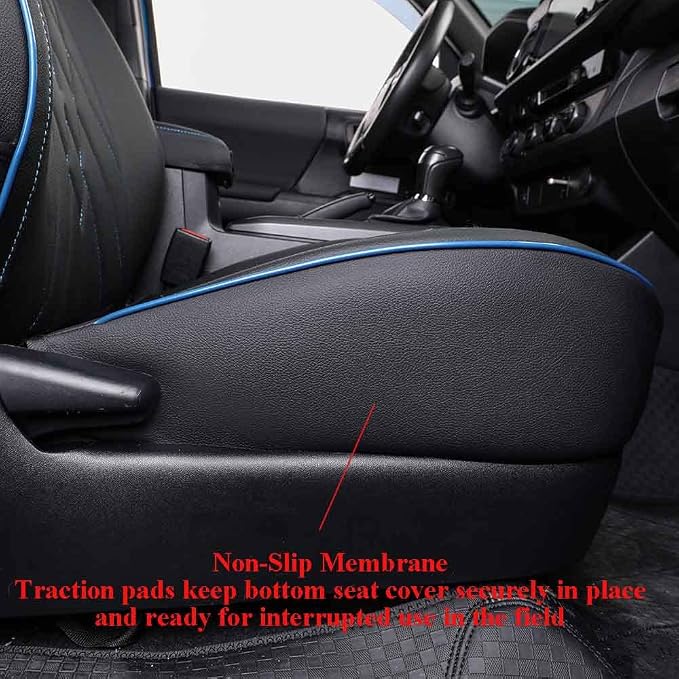 EKR Tacoma Seat Covers Custom Fit for Toyota Tacoma 2016 2017 2018 2019 2020 2021 2022 2023 Double Cab/Crew Cab -Truck Seat Covers for Car Full Set,Faux Leather (Black with Blue Trim) - Image 2