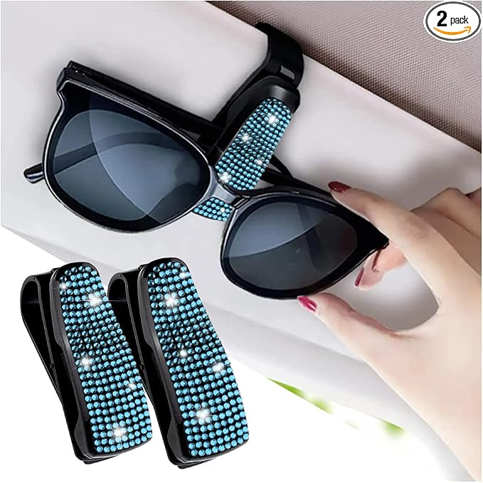 Turcee Set of 2 Bling Rhinestone Car Sun Visor Glasses Holders with Anti-Scratch Sponge,Car Decoration for Women Girls,Ticket Card Clip Visor Organizer (Lake Blue) by Turcee