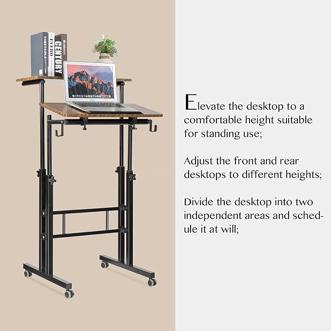 SIDUCAL Mobile Standing Desk, Portable Stand Up Desk, Small Adjustable Converter with Wheels Home Office Workstation, Rolling Laptop Cart for Sitting, Rustic Brown - Image 8