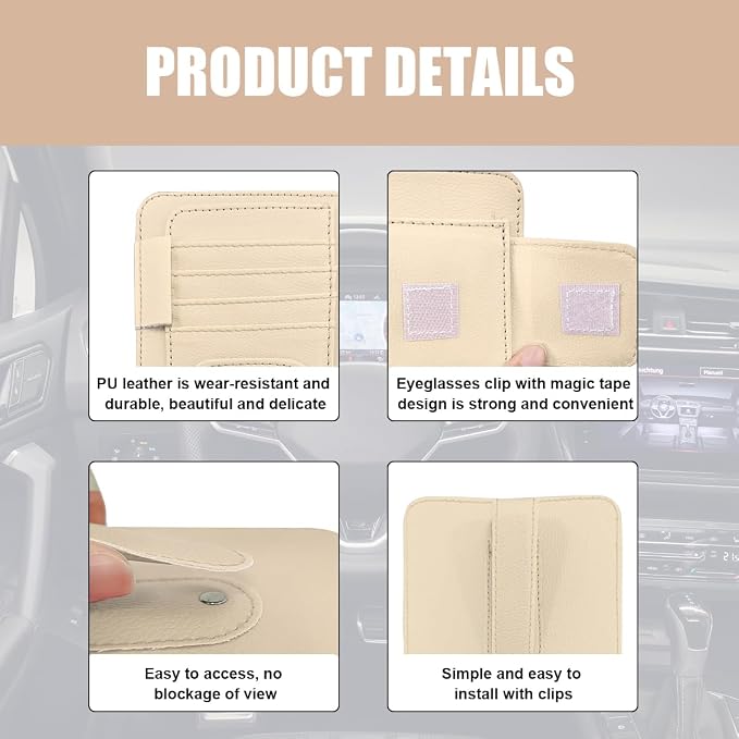 Augeny 2 PCS Car Sun Visor Organizer, Small Auto Visor Organizer and Storage, Registration and Document Holder for Sunglasses, Card, Pen, Driver License, Car Accessories (Beige) - Image 3