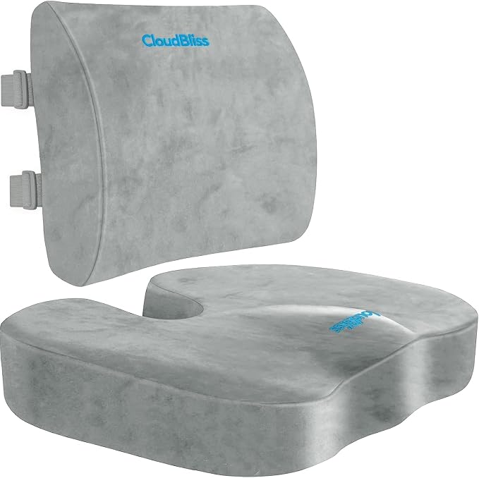 CloudBliss Lumbar Support Pillow & Seat Cushion Set for Office Chair,Desk Chair,Wheelchair & Car–Memory Foam Back Support, Ergonomic Chair Cushions, Sciatica Pain Relief,Home Essentials(Light Grey,XL) by CloudBliss