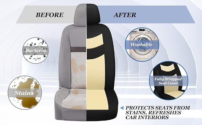 Universal Car Seat Covers for Front Seats, Cloth Front Car Seat Cover, Easy to Install, Breathable and Washable Universal Interior Covers for Auto, SUV, Sedan, Van, Airbag Compatible, Black & Beige - Image 2