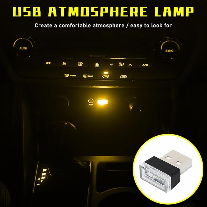 Augeny 4 PCS USB LED Car Interior Atmosphere Lamp, Plug-in USB Decor Night Light, Portable Auto Ambient Lighting Kit, Universal Vehicle Interior Accessories for Most Cars (Yellow) - Image 4