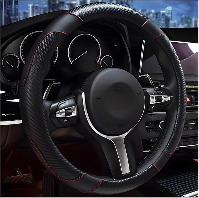 DXNQ Car Steering Wheel Cover, 15 Inch Carbon Fiber Leather Stitching Color Steering Wheel Protector, Anti-Slip Elastic Breathable Steering Wheel Cover Stylish Decor for Most Cars (Black) by DXNQ
