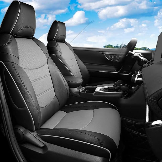 CocheFamilia Custom Fit RAV4 Car Seat Covers for Select Toyota RAV4 LE 2013 2014 2015 2016 2017 2018 (NOT for Hybrid) - Full Set, Leather (Black and Grey) by CocheFamilia