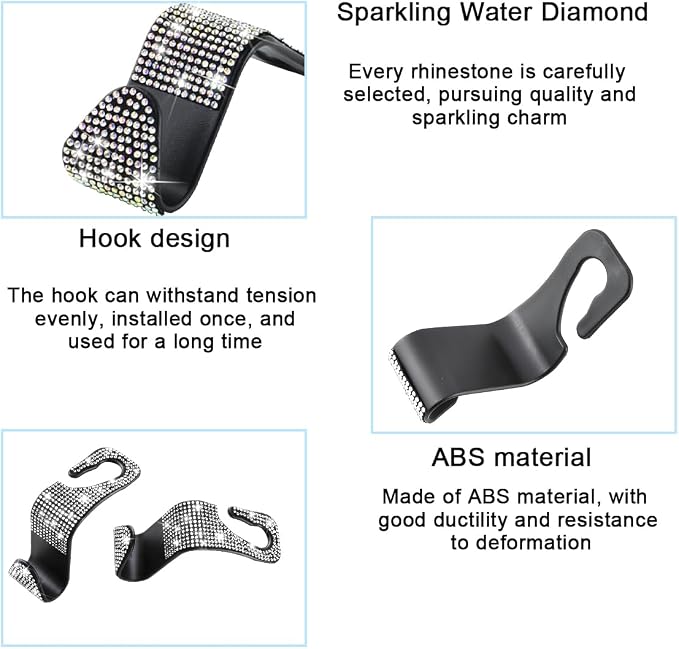 Mandark 4PCS Rhinestone Headrest Hooks for Bags and Umbrellas, Multicolor | ABS construction with rhinestones, half-open installation, holds bags and umbrellas, fits many seat posts - Image 3