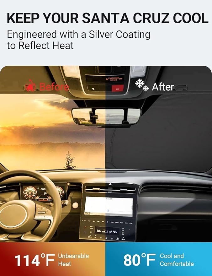 Proadsy Custom Fit 2022-2026 Hyundai Santa Cruz Car Windshield Sun Shade | 240T Heat Shield, Drops Temp 54°F, Blocks 99% UV, Prevents Dashboard Cracking, Summer Parking & Beach Trips, Easy Twist-Fold - Image 2